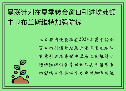 曼联计划在夏季转会窗口引进埃弗顿中卫布兰斯维特加强防线 曼联计划在夏季转会窗口引进埃弗顿中卫布兰斯维特加强防线